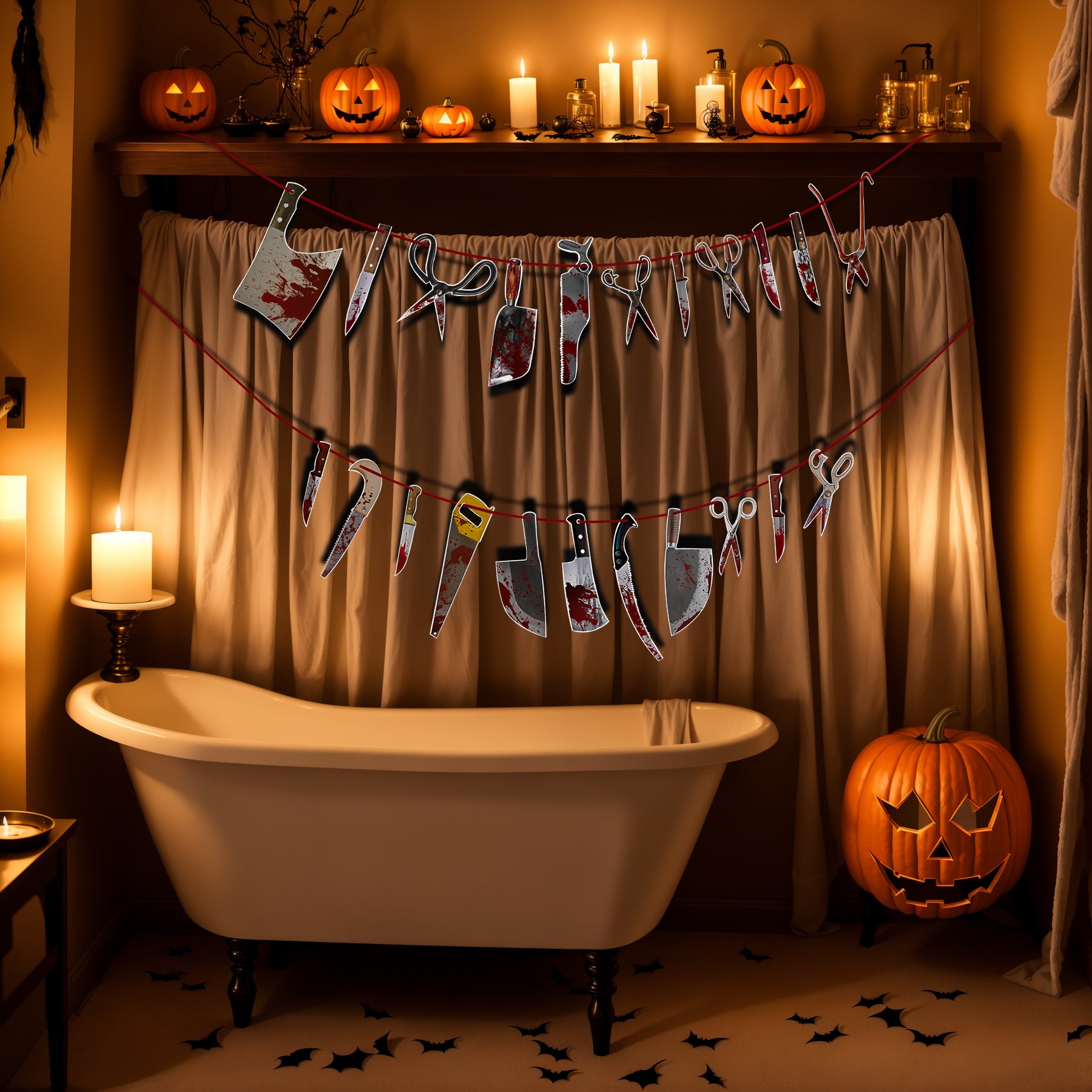 Halloween Bloody Weapon Hanging Props - Paper Axe, Knife, Saw Decorations with String for Haunted House & Party