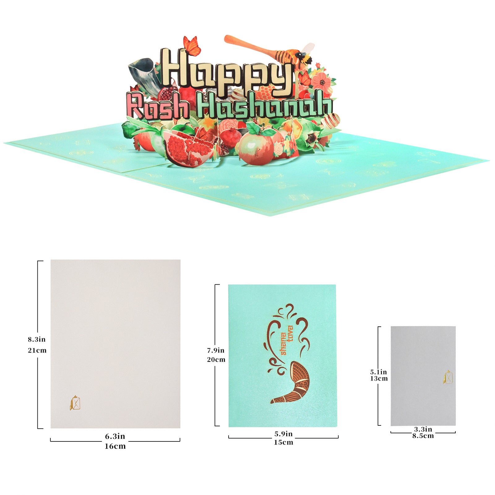 Rosh Hashanah Pop Up Card - 3D Jewish New Year Greeting Card with Apples, Honey & Shofar Design
