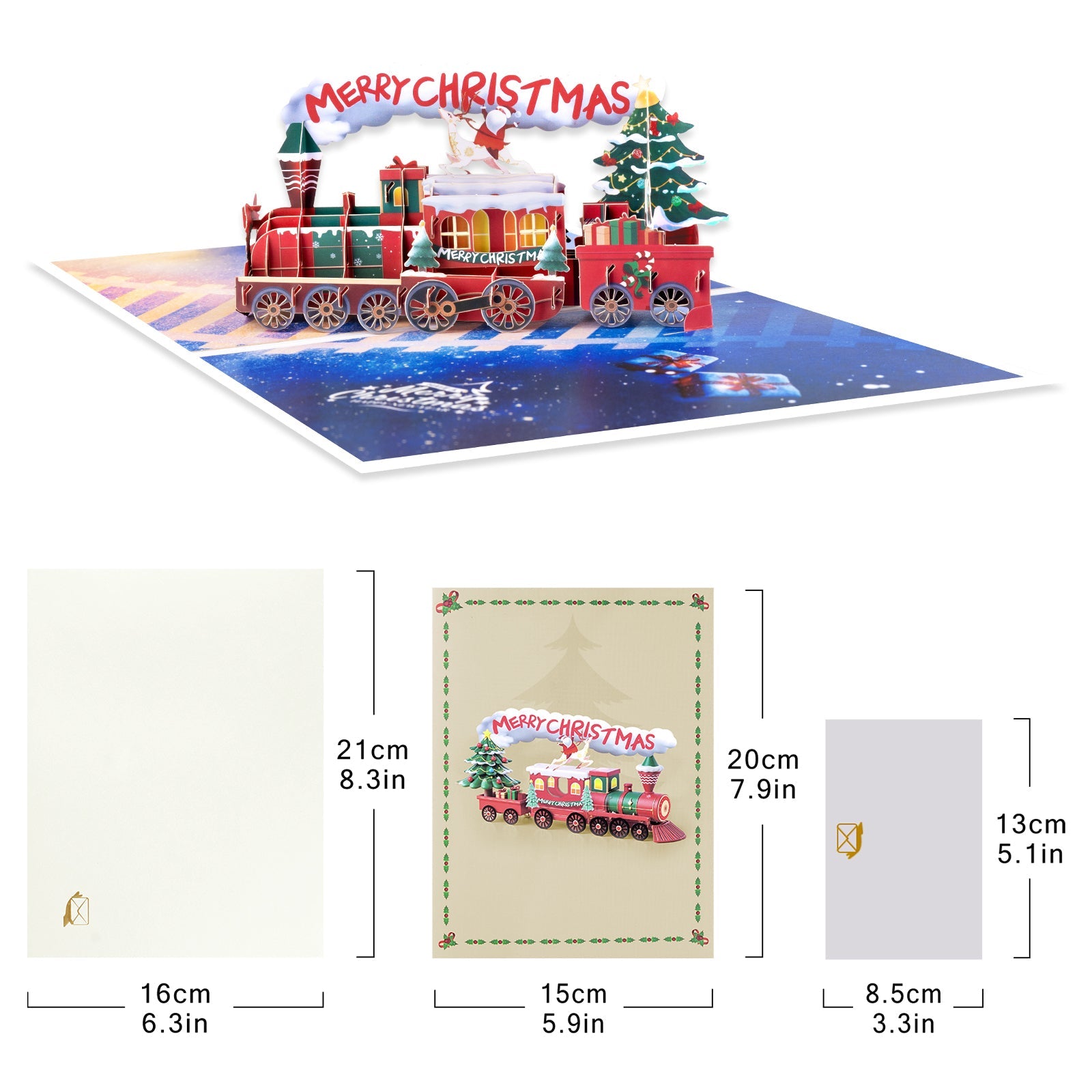 Pop Up Christmas Train Card - Handmade 3D Holiday Greeting with Envelope & Blank Notecard Magic Ants
