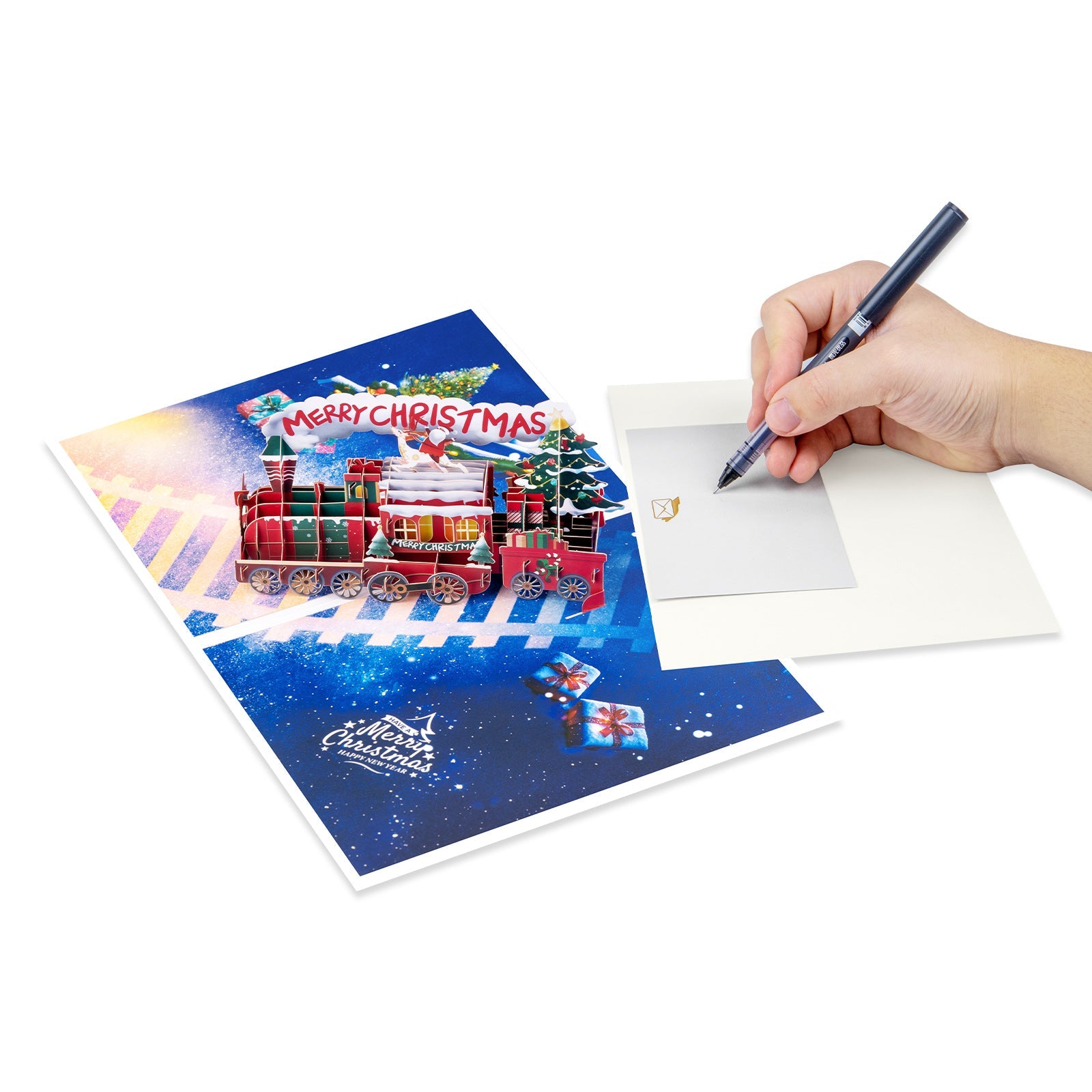 Pop Up Christmas Train Card - Handmade 3D Holiday Greeting with Envelope & Blank Notecard Magic Ants