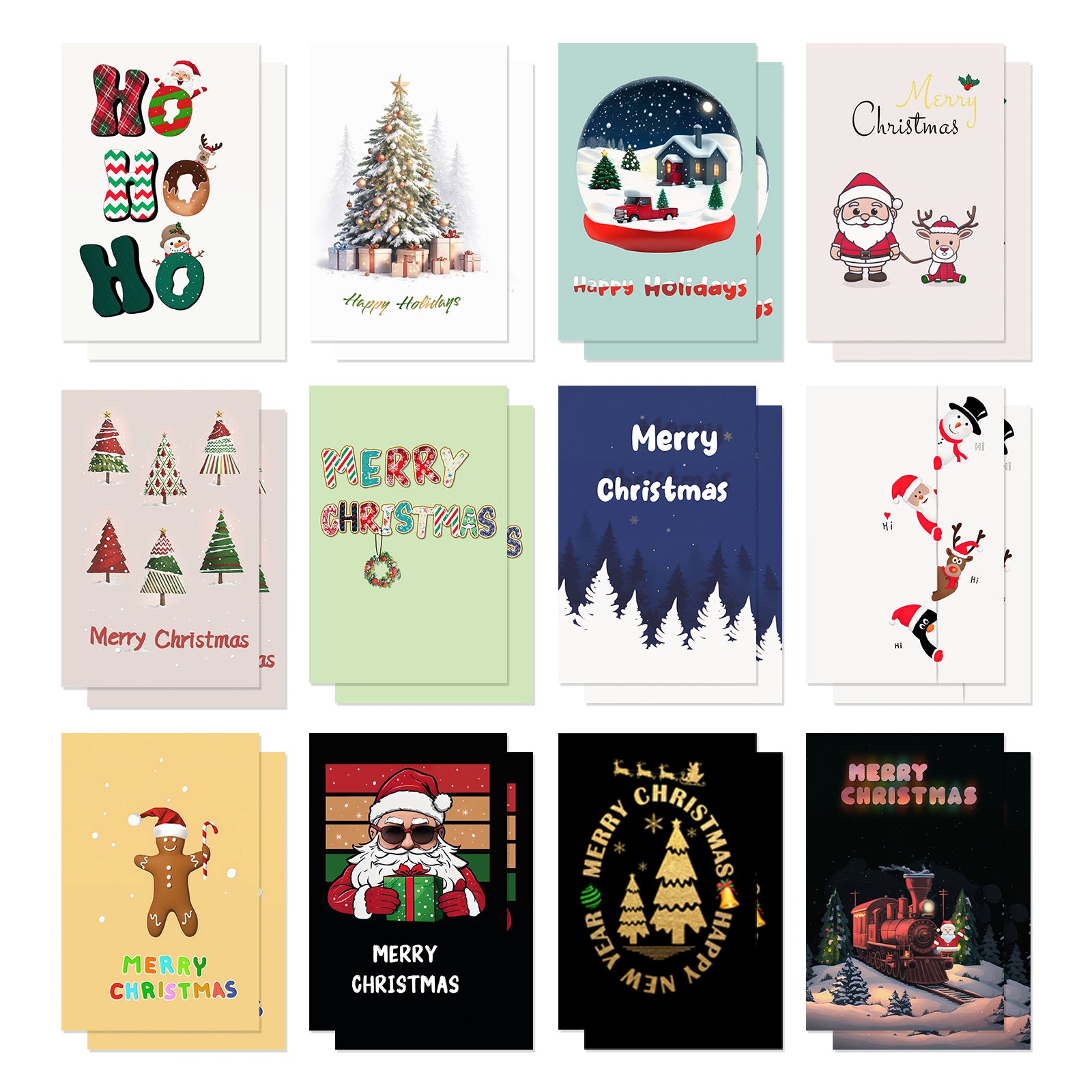 Assorted Christmas Cards Box Set of 24 - Blank Inside Holiday Greeting Cards with Envelopes - 12 Unique Festive Designs for Seasons Greetings