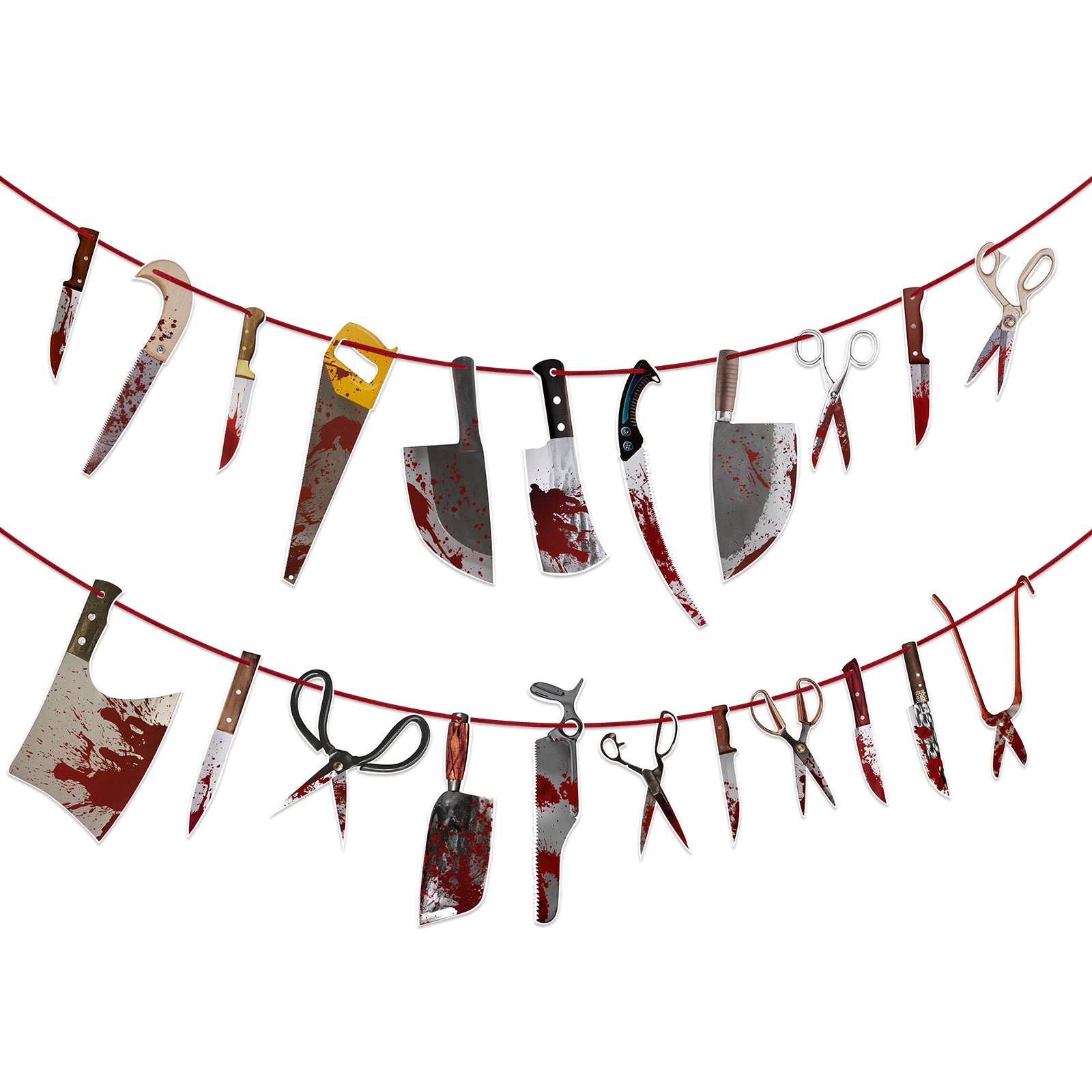 Halloween Bloody Weapon Hanging Props - Paper Axe, Knife, Saw Decorations with String for Haunted House & Party