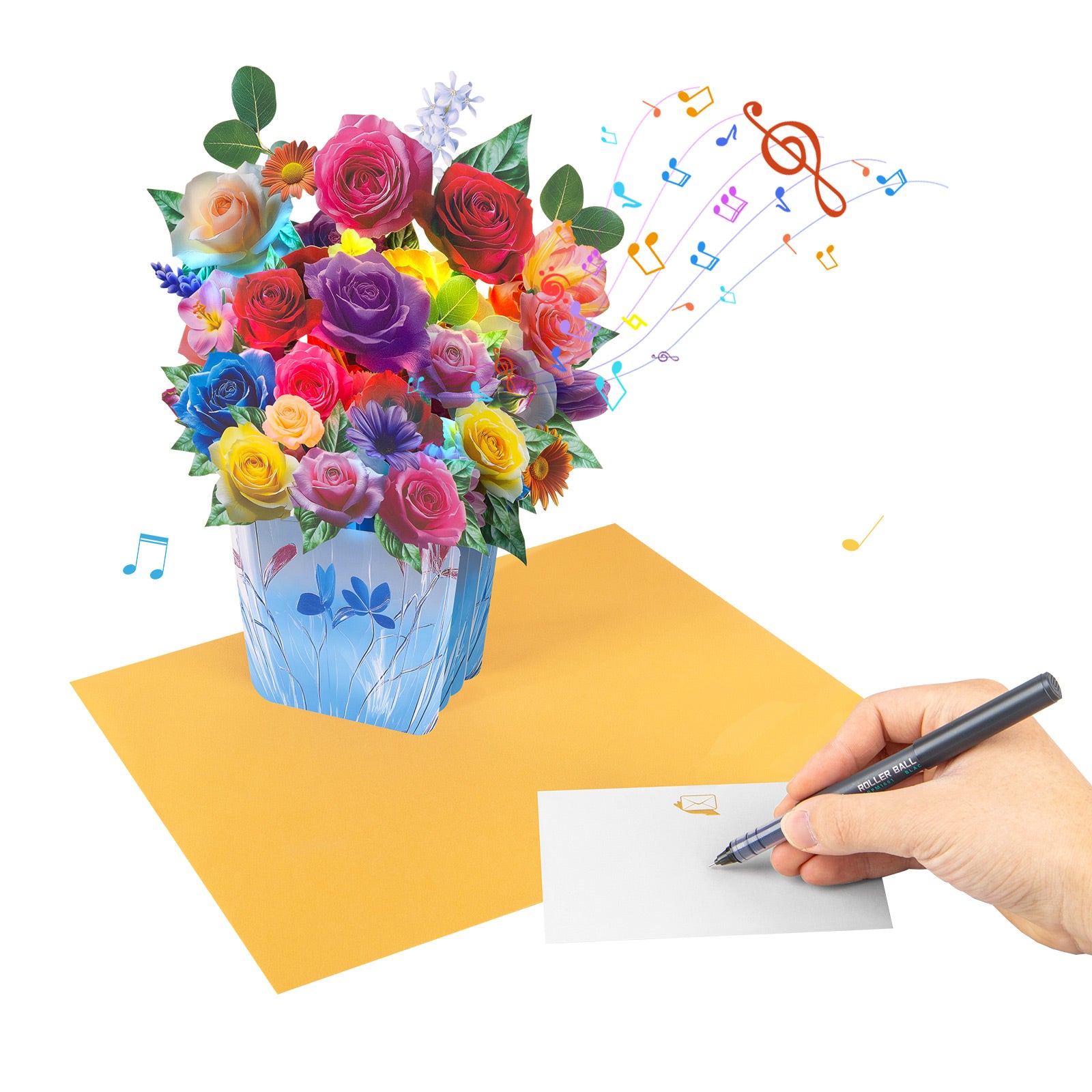 Rose bouquet pop-up card shown as a freestanding display