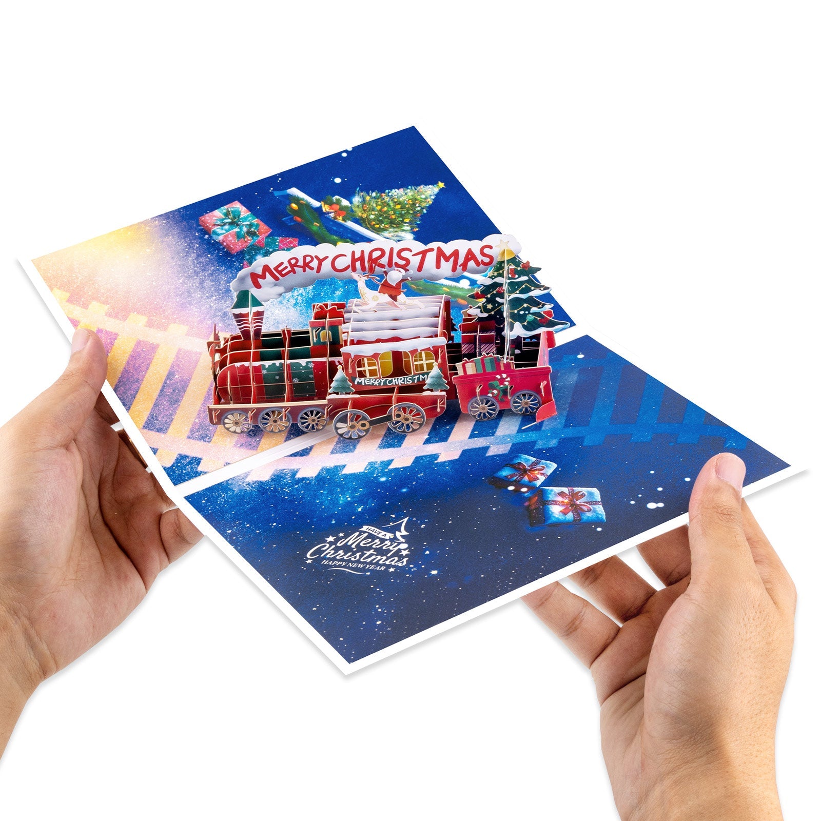 Pop Up Christmas Train Card - Handmade 3D Holiday Greeting with Envelope & Blank Notecard Magic Ants
