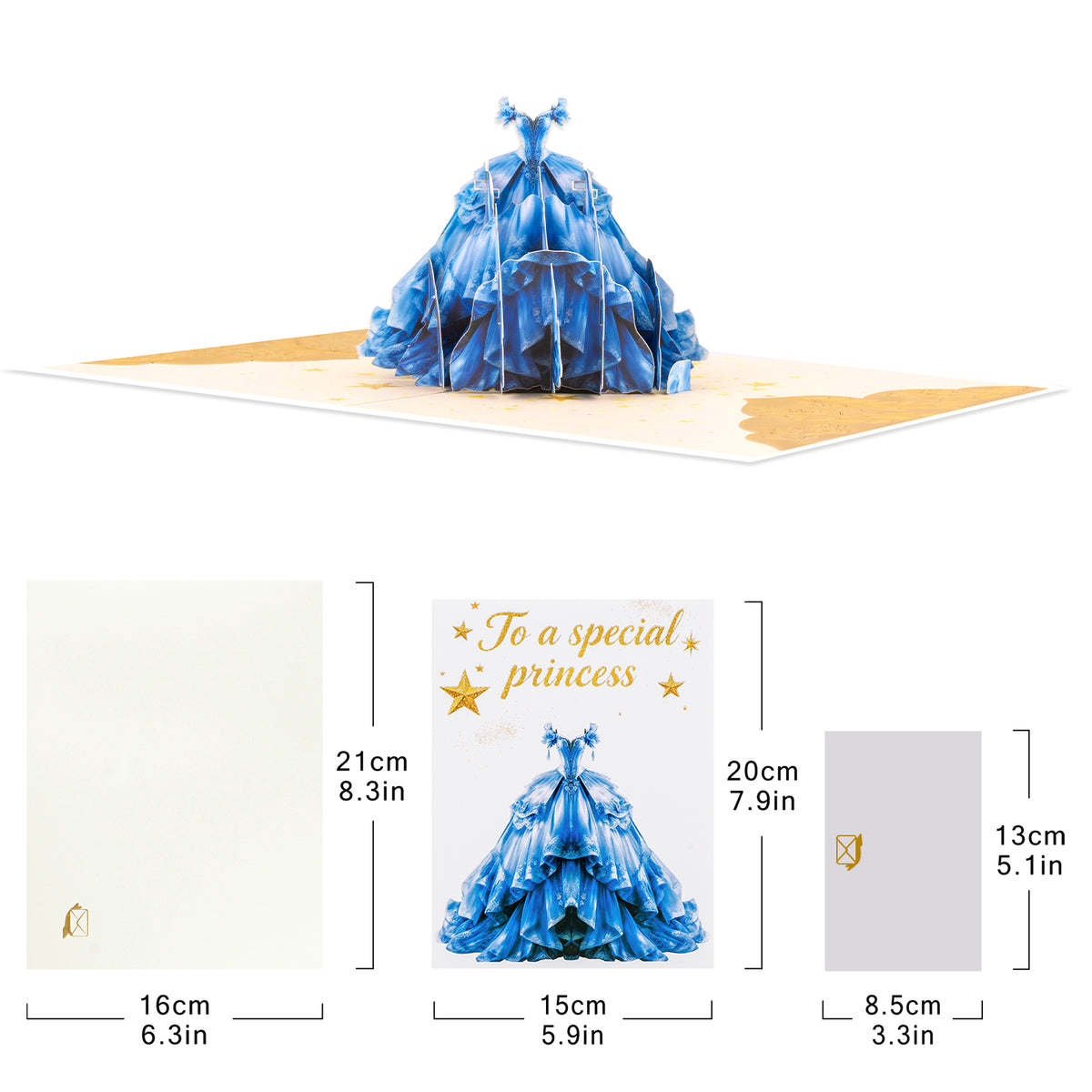 Blue Dance Dress 3D Pop-Up Card with Gold Foil