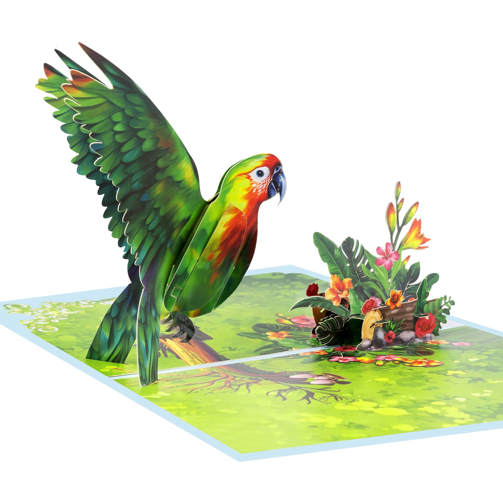 3D Pop Up Card - Green Parrot with Flower Bush Design - Handmade Greeting Card for Birthday, Thank You, All Occasions