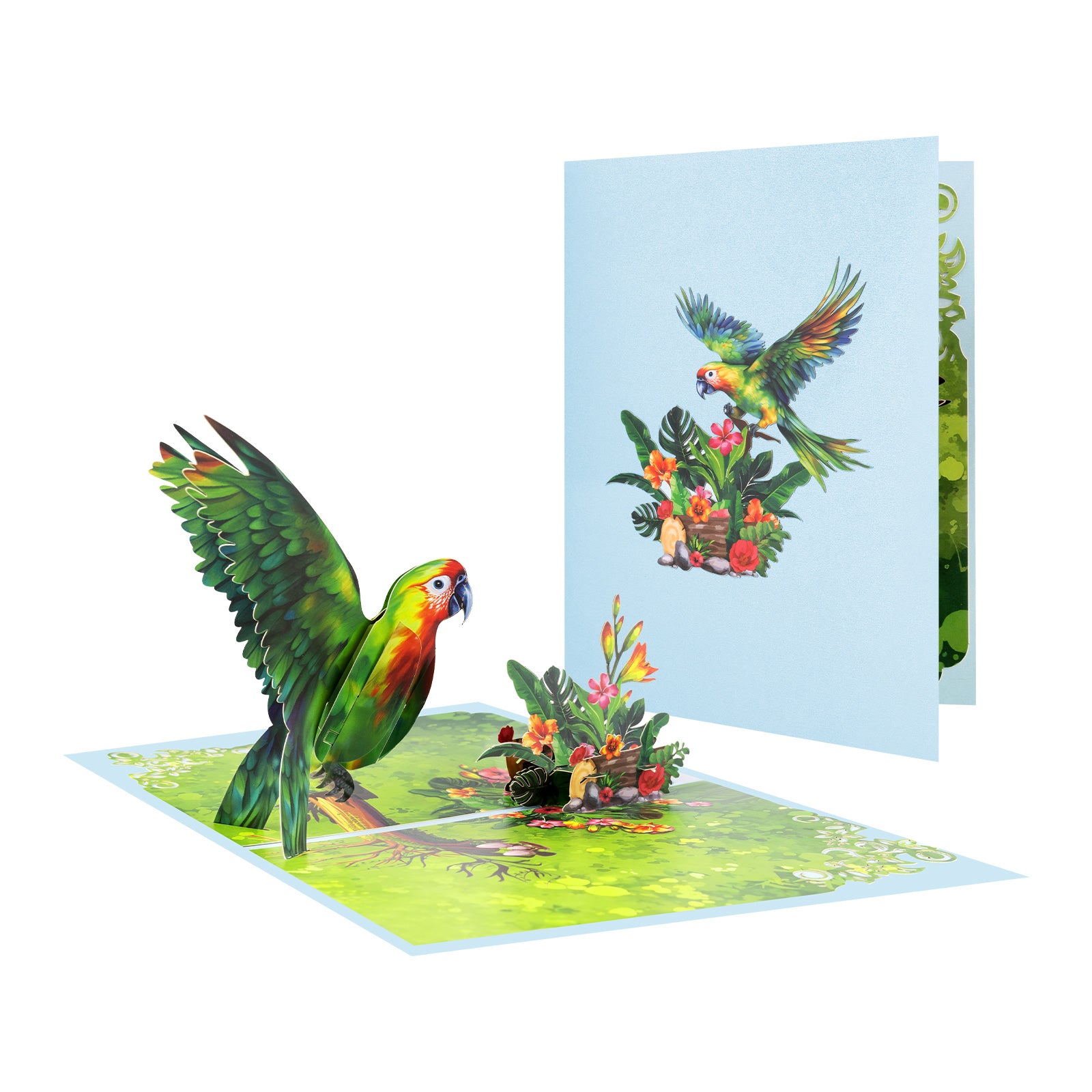3D Pop Up Card - Green Parrot with Flower Bush Design - Handmade Greeting Card for Birthday, Thank You, All Occasions