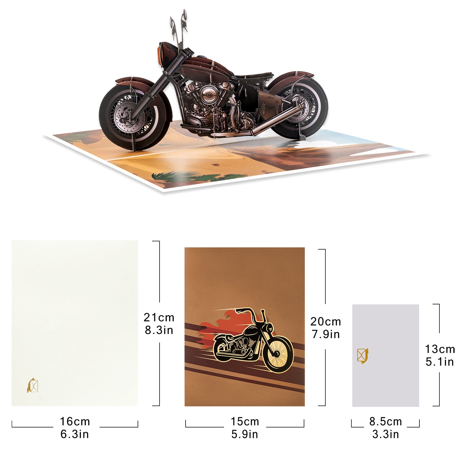Cruiser Motorcycle Pop Up Card - 3D Road Trip Greeting Card, Western Highway Adventure Card with Envelope & Notecard