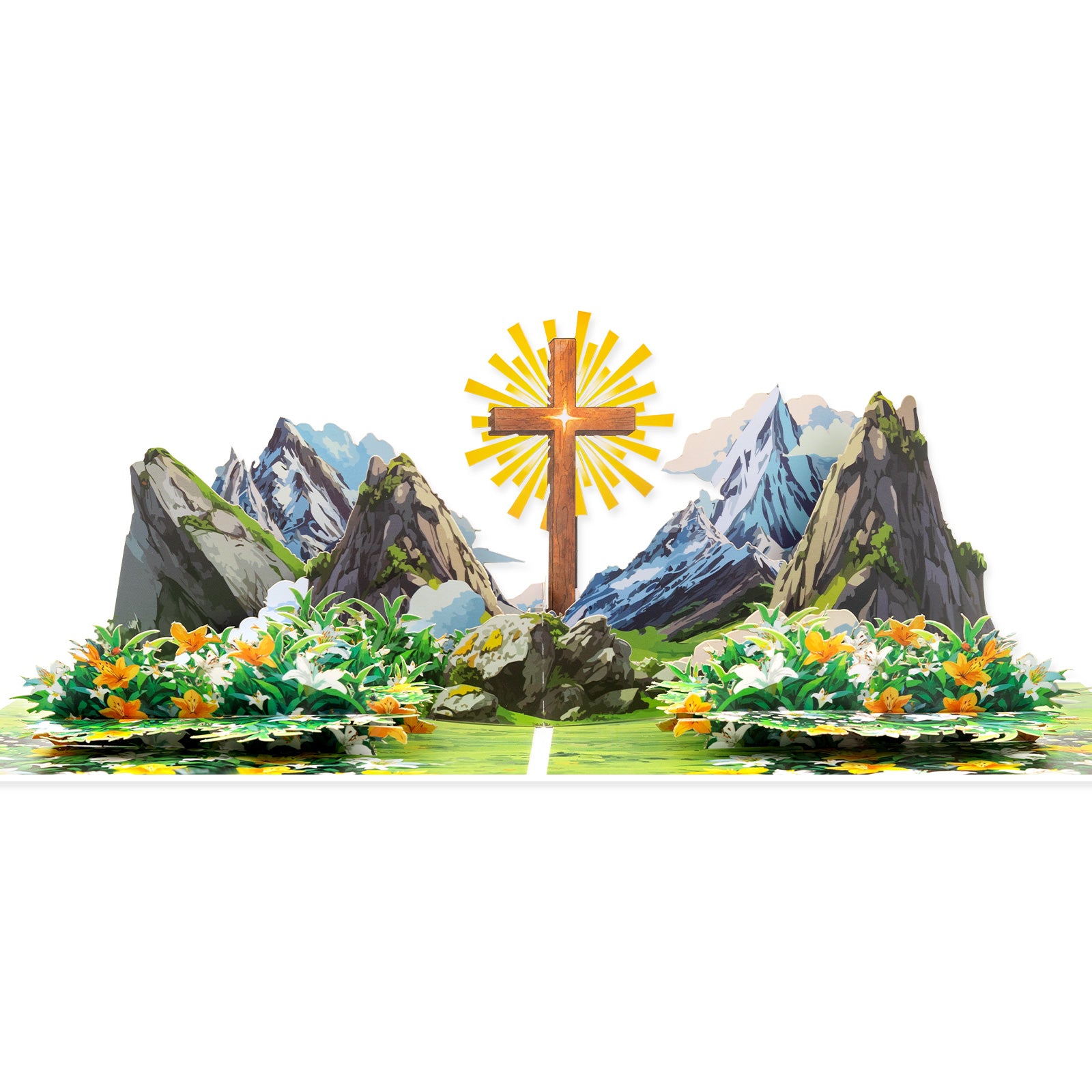 Gold Cross in Mountains 3D Religious Pop-Up Card
