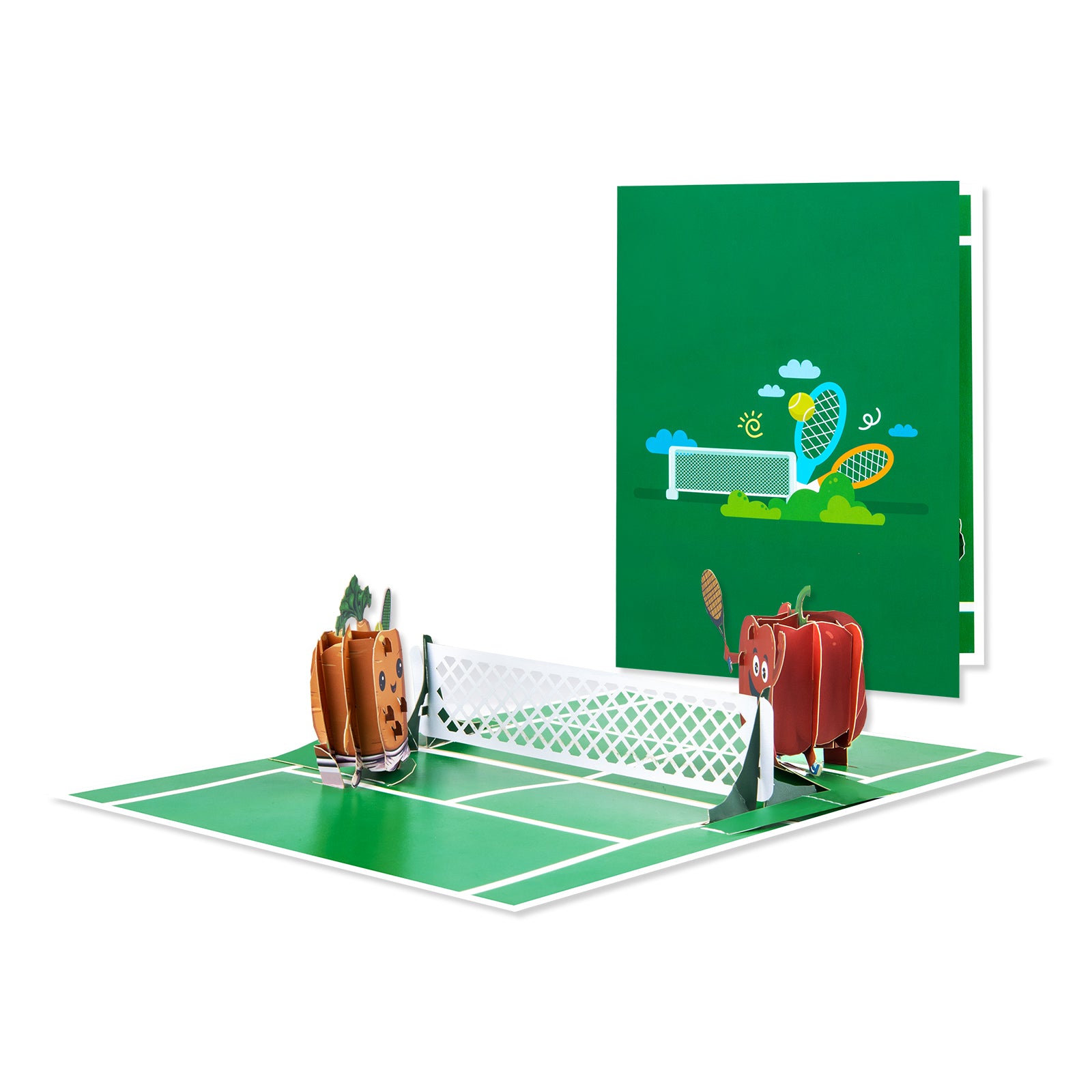 3D Pop Up Tennis Card - Funny Carrot and Bell Pepper Playing Tennis - Cute Handmade Greeting Card for Kids, Friends, Veggie or Sports Lovers