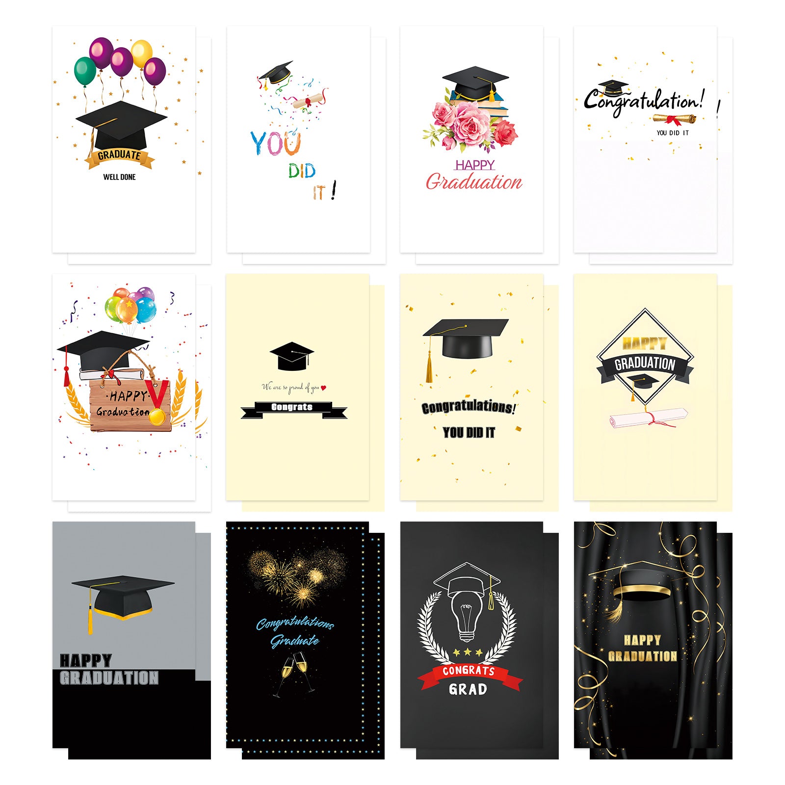 Graduation Cards Bulk Set - 24 Greeting Cards with 12 Unique Designs, 24 Envelopes & Stickers - Graduation Congrats Cards for Grads, Students, Teachers, Class of 2025