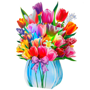 Tulip bouquet pop-up card shown as a freestanding display