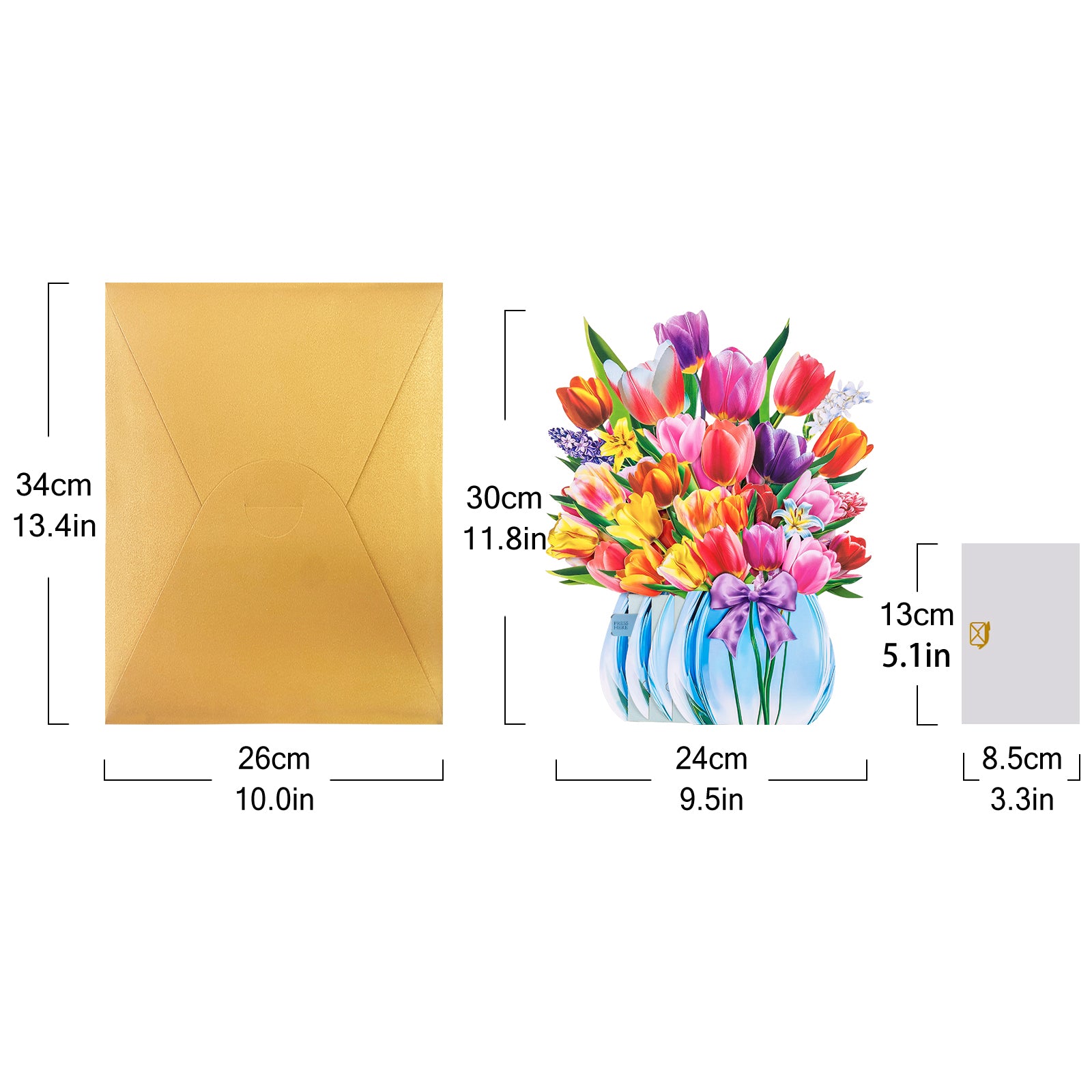 Colorful paper tulips on the musical pop-up bouquet card