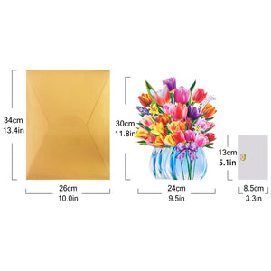 Colorful paper tulips on the musical pop-up bouquet card