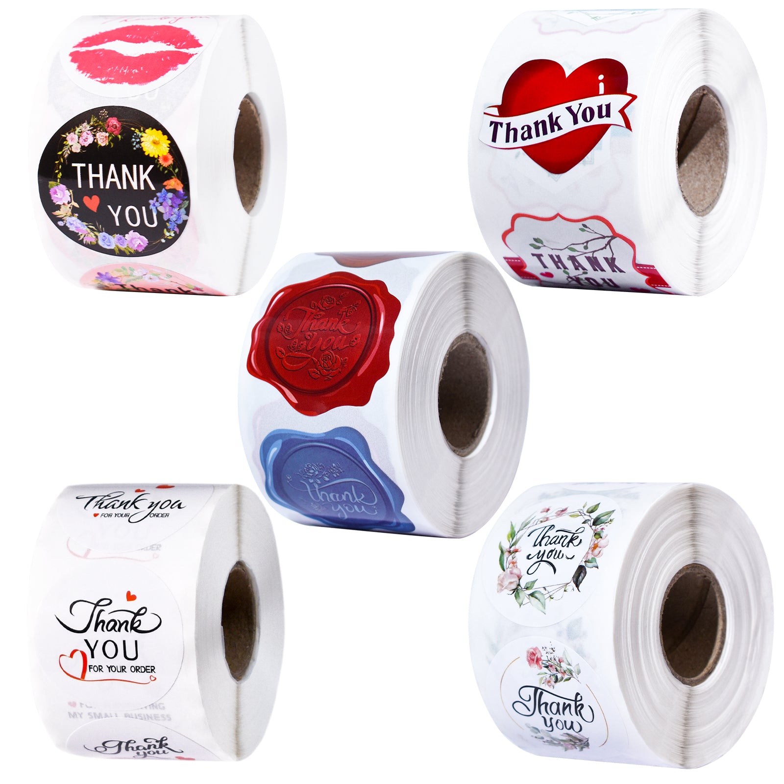 Thank You Stickers Roll Set - 2500 Stickers Total, 5 Rolls with 3 Designs Each, 1.5 Inch Round Labels - Kraft Paper Thank You Labels for Small Business Packaging, Envelopes, Gift Bags