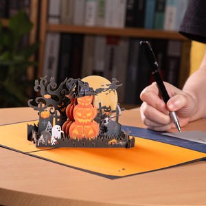 Unique 3D Pumpkin Halloween Greeting Card - Pop Up Card with Scary-Cute Design Magic Ants