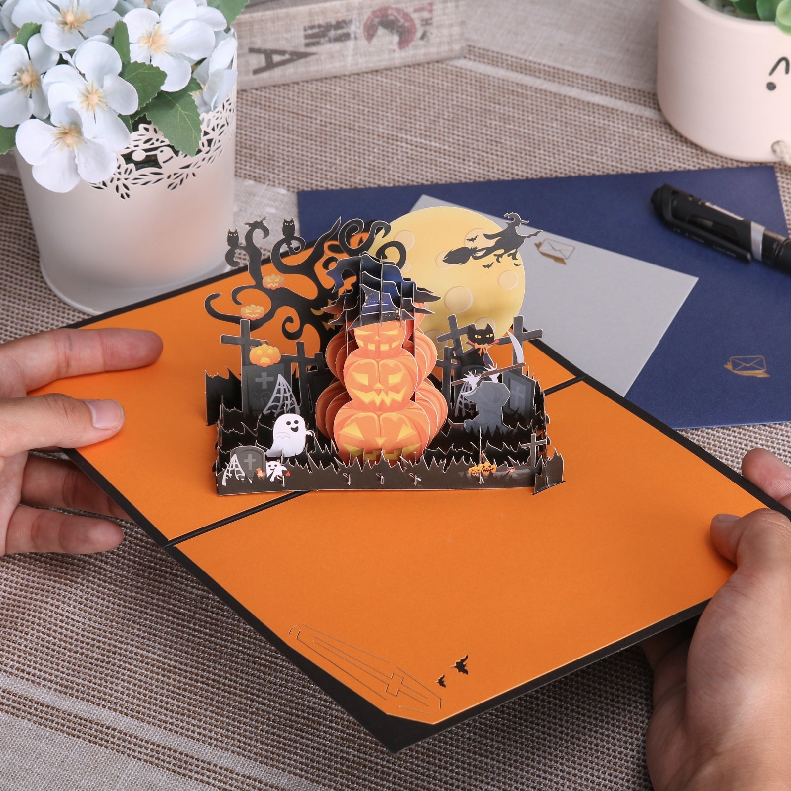 Unique 3D Pumpkin Halloween Greeting Card - Pop Up Card with Scary-Cute Design Magic Ants