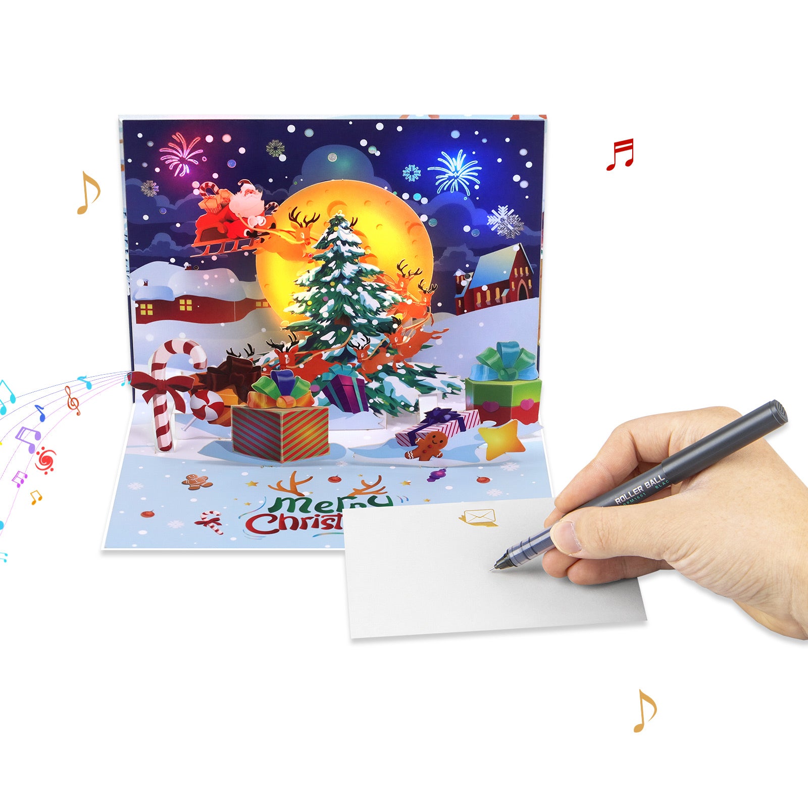 3D Musical Christmas Pop Up Card | Santa Sleigh Flying Over Moonlit Night Magic Ants