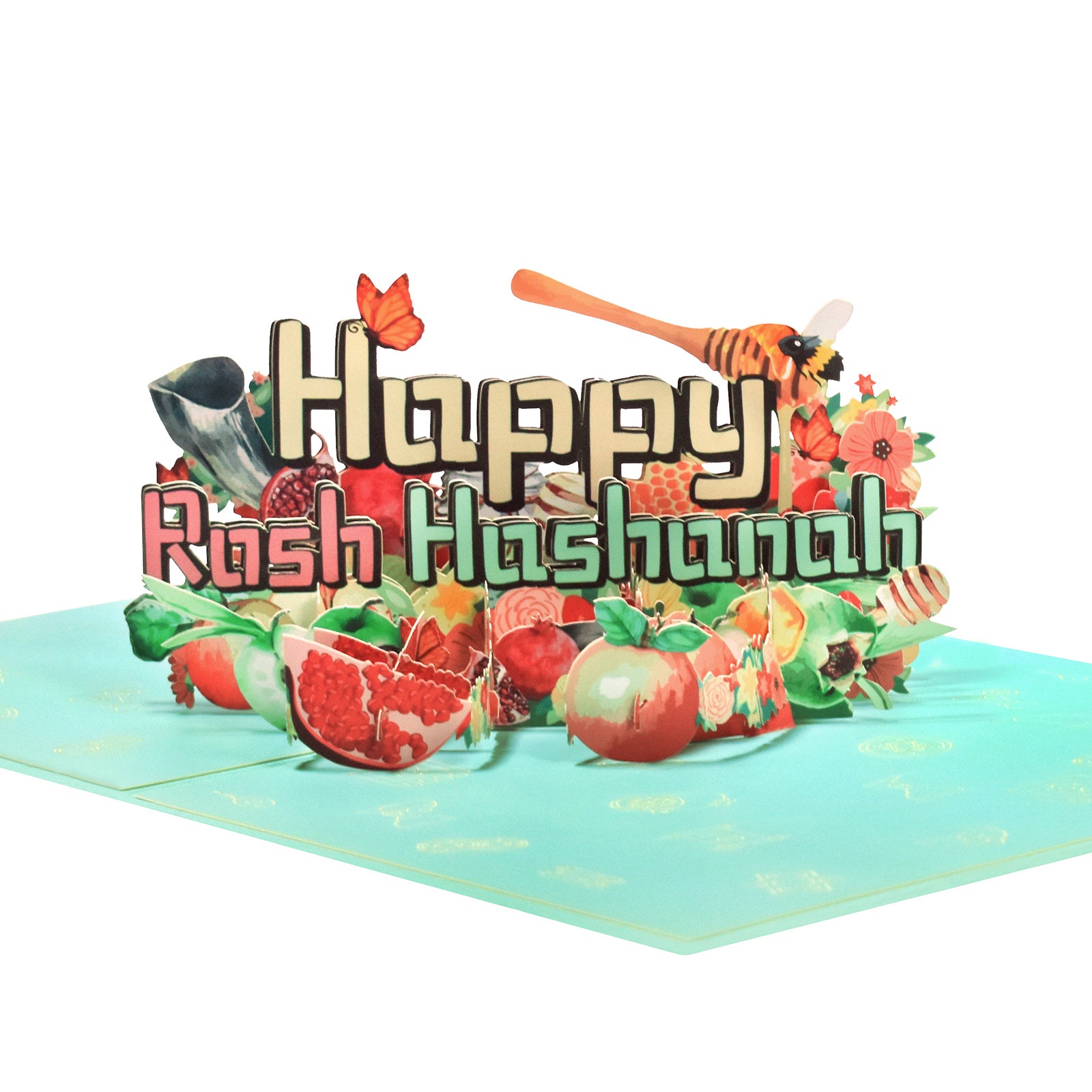 Rosh Hashanah Pop Up Card - 3D Jewish New Year Greeting Card with Apples, Honey & Shofar Design