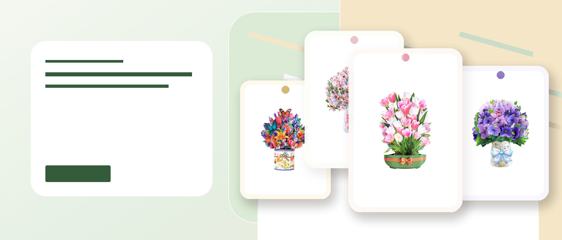 Magic Ants pop-up bouquet cards homepage hero, sage paper cut desktop banner