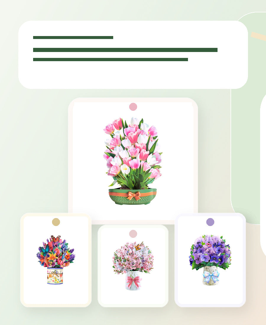Magic Ants pop-up bouquet cards homepage hero, sage paper cut mobile banner