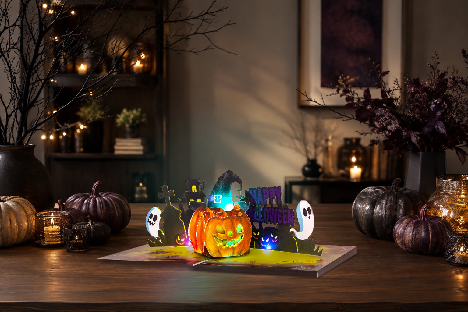 Magic Ants MH-LTF364 musical Halloween pop-up card glowing on a candlelit table